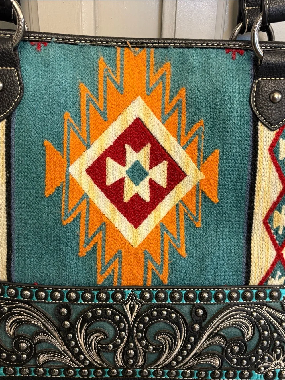 Turquoise Southwestern Pattern Tote Bag with Studded Trim